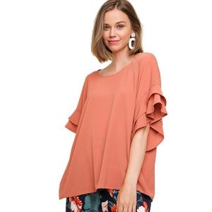 Kadie Top Rust Solid Ruffle Sleeves